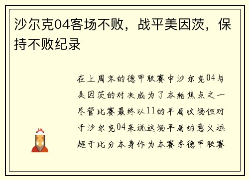 沙尔克04客场不败，战平美因茨，保持不败纪录